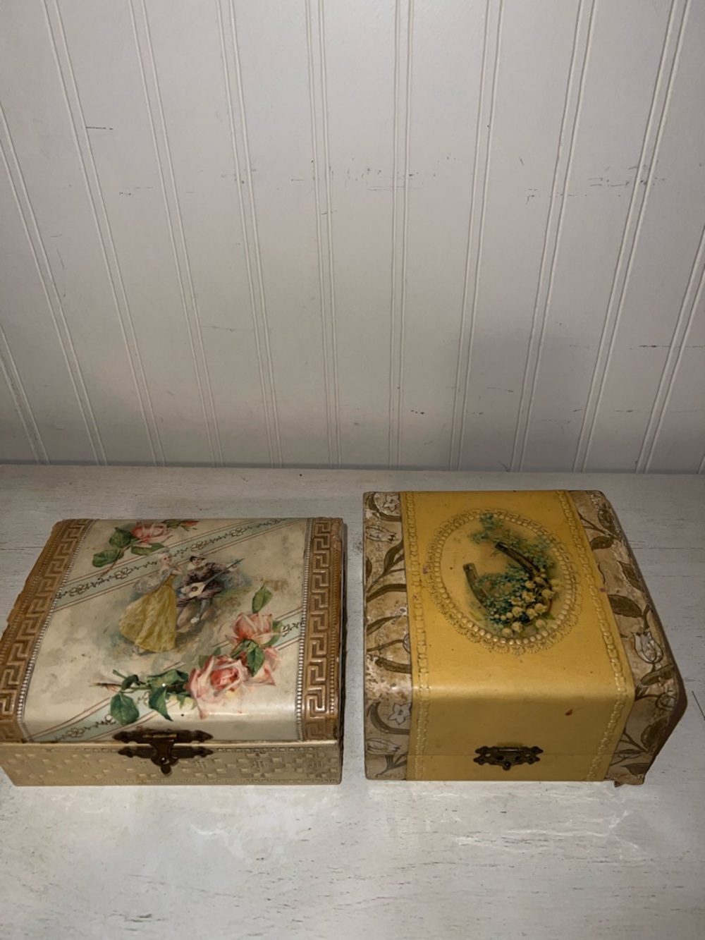 2 Antique Victorian Dresser Vanity celluloid & wood boxes